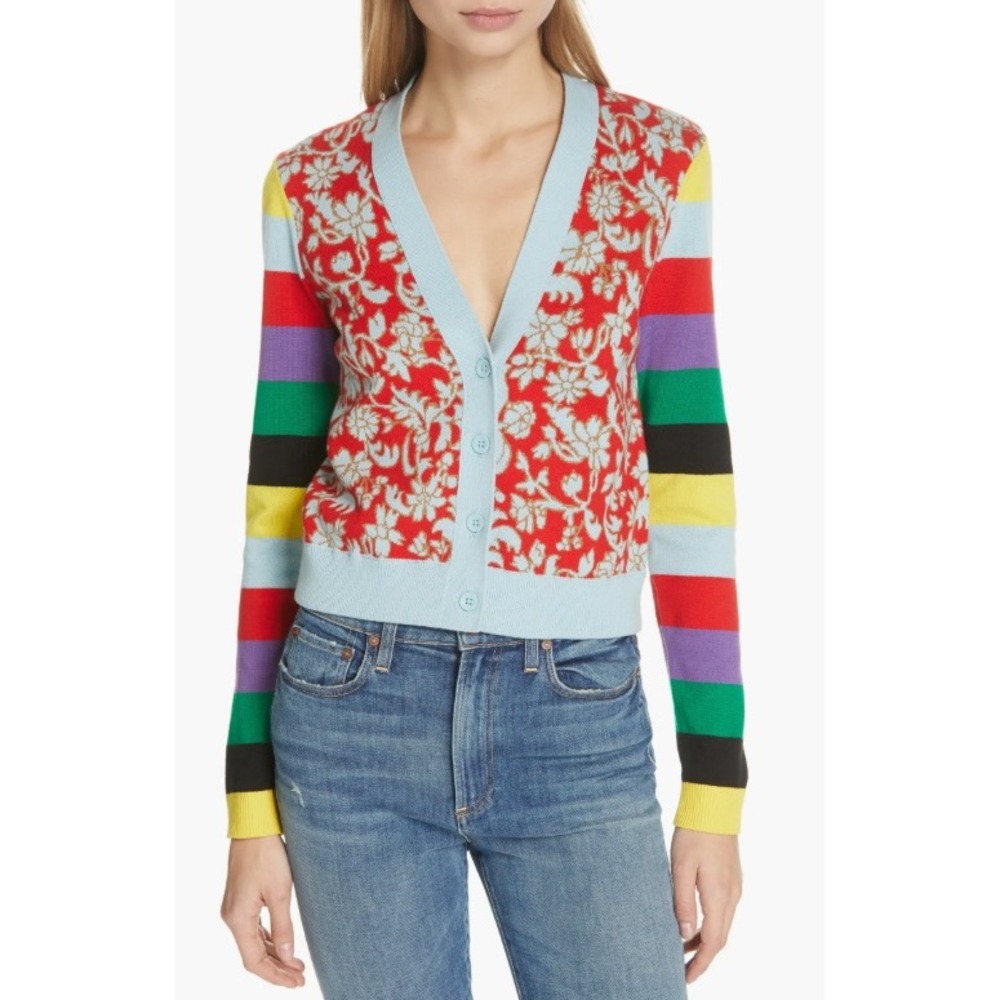 ALICE + OLIVIA Minako Cardigan Multi Floral Striped Women Size XS Knit Cropped